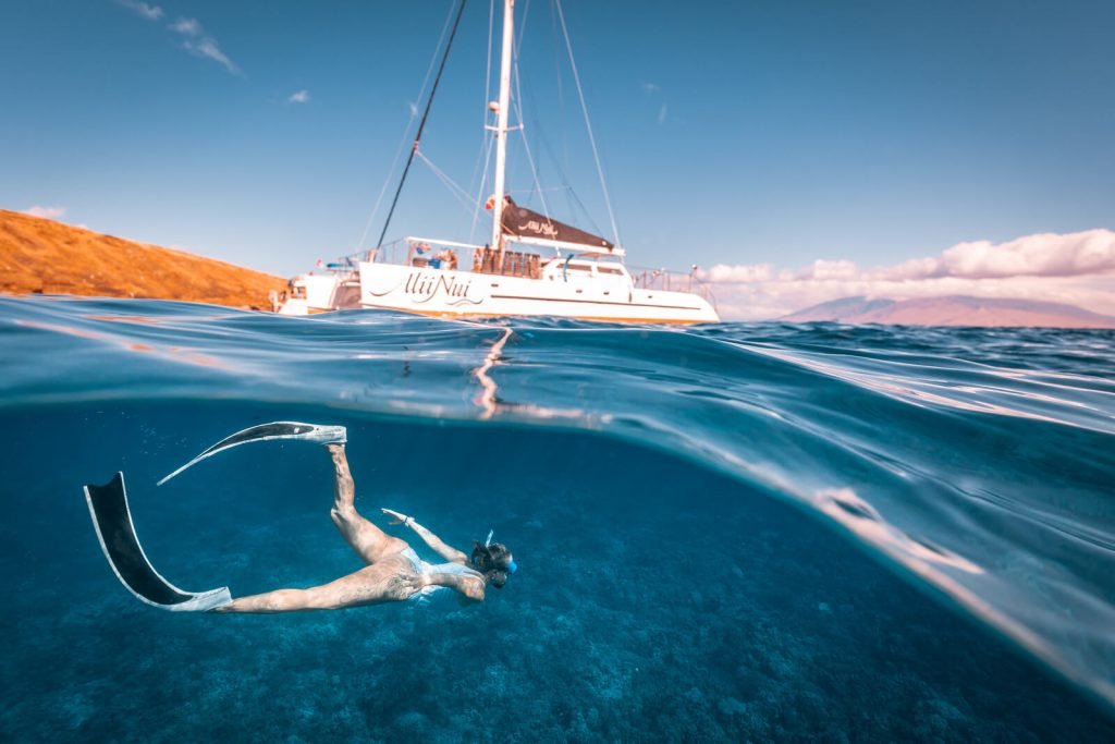 Alii Nui catamaran sunset cruise with snorkeling and onboard dining