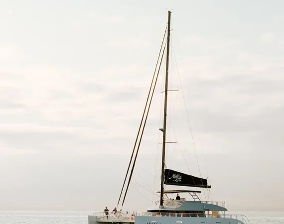 A sleek catamaran named "Alli Kai" sails calmly on serene waters, with two people visible on deck under a soft, cloudy sky.