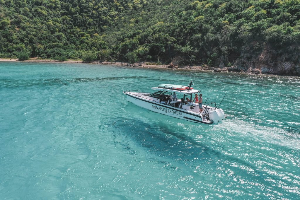 Pineapple Express&Quot; Speedboat With Passengers Cruising In Turquoise Waters Near Lush Tropical Coastline.