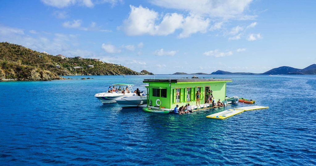 Lime Out floating taco bar and restaurant in Coral Bay Harbor, St. John, US Virgin Islands.