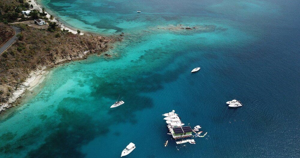 Aerial View Of Boats Around Lime Out Floating Taco Bar In St. John, Us Virgin Islands