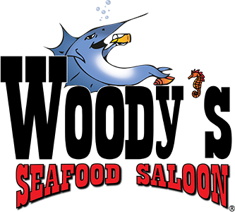 Logo Of Woody'S Seafood Saloon With A Cartoon Shark Holding A Beer And A Shrimp.