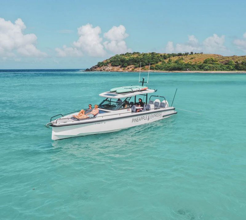 White speedboat "Pineapple Express" with passengers in crystal clear turquoise waters near tropical island.