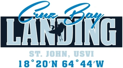 Logo Of Cruz Bay Landing With A Bird Silhouette Over A Blue Backdrop With Coordinates For St. John, Usvi.