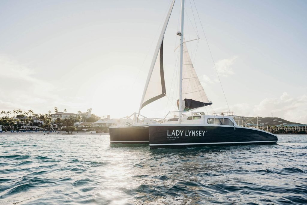 Lady Lynsey luxury catamaran offering snorkeling, sunset sails, and dinner cruises in St. Thomas.