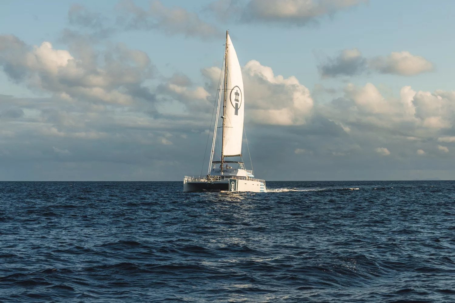 Catamaran sailing on open ocean under cloudy sky.